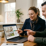 Couple discussing house plans on a laptop in a modern kitchen setting