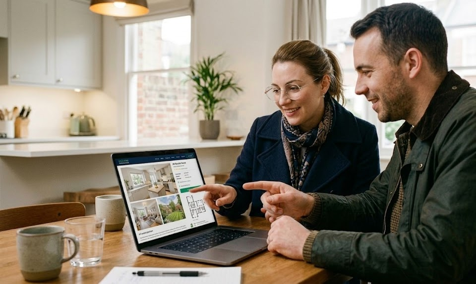 Couple discussing house plans on a laptop in a modern kitchen setting